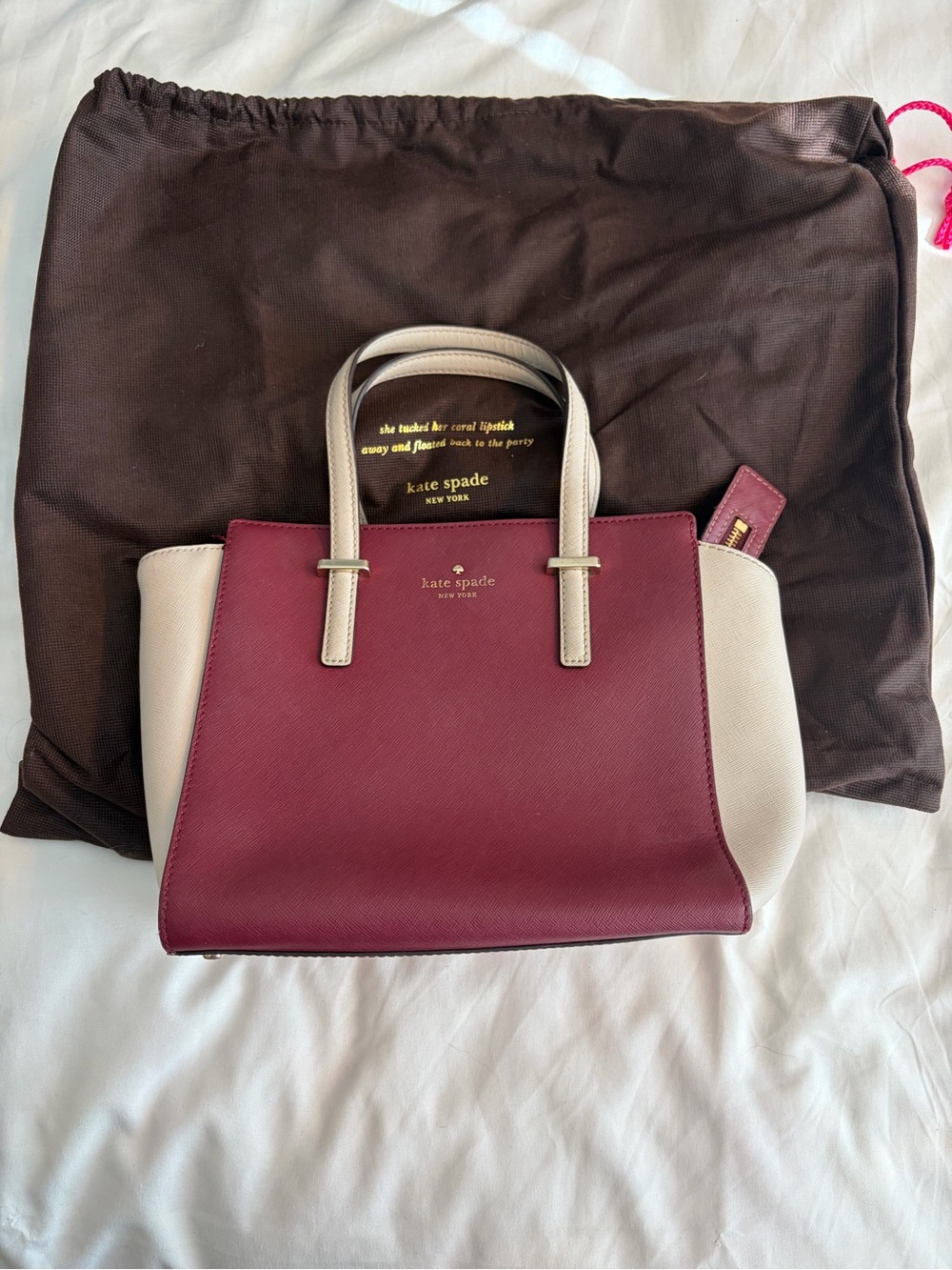 Kate Spade Cedar Street Hayden Two-Tone Burgundy and Cream Satchel Handbag